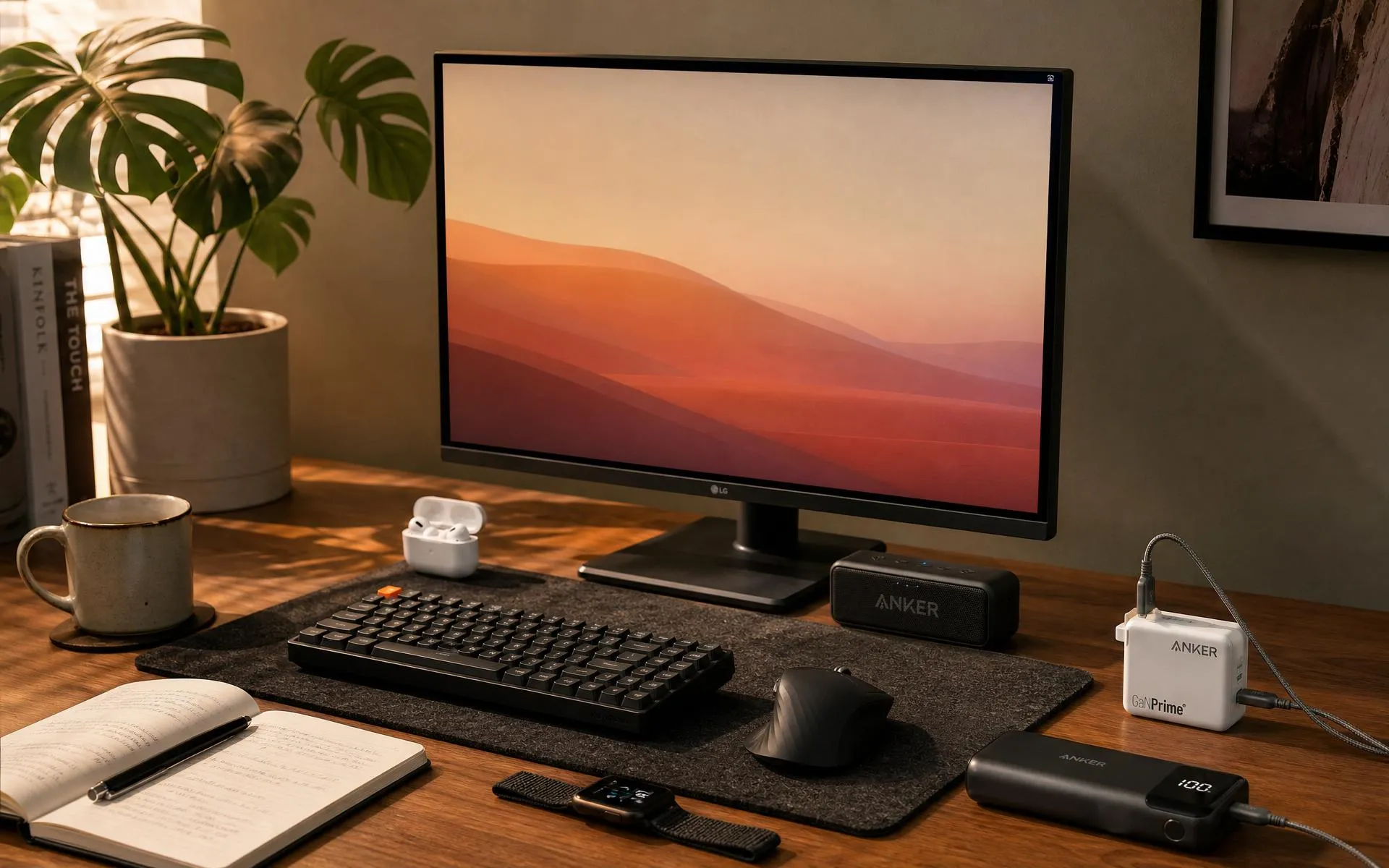 A wide flat-lay of gadgets on a deep navy background — fast charger, USB-C cable, power bank, wireless earbuds, Bluetooth speaker, mouse, keyboard, USB-C hub and webcam